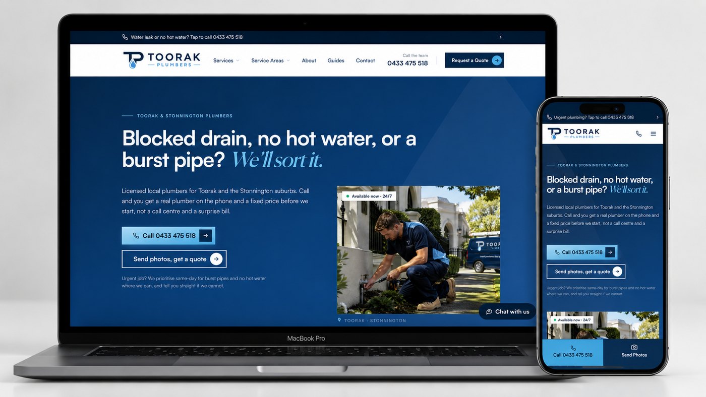 The Toorak Plumbers website shown on a laptop and phone